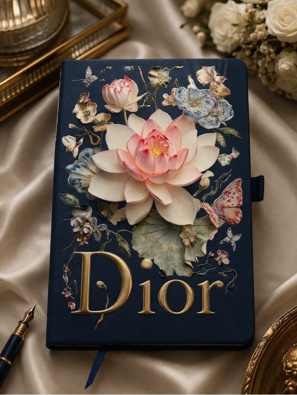 Navy Notebook with Pink Lotus and Floral Embellishments